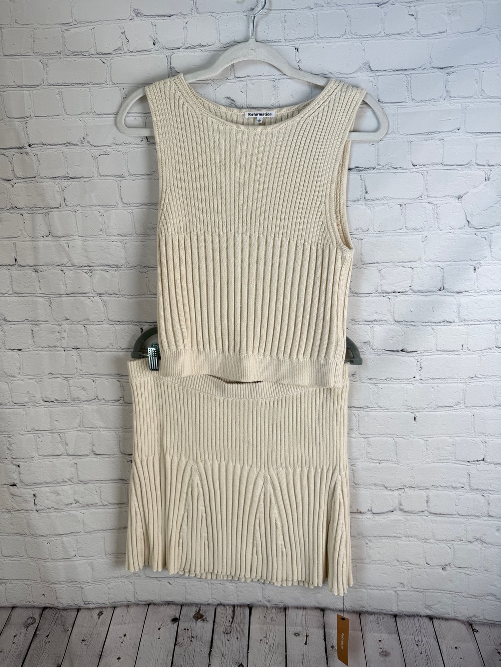 Reformation Cream Ribbed Knit Fringe Hem Tank Set Top & Skirt NWT Large